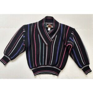 Vtg BOSTON TRADERS Sweater 80s Striped Shawl Collar Knit 100% Wool Chunky-Size L